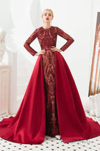 Long Sleeves Mermaid Detachable Train Prom Dresses with Train Sequined