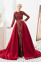 Long Sleeves Mermaid Detachable Train Prom Dresses with Train Sequined