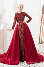 Long Sleeves Mermaid Detachable Train Prom Dresses with Train Sequined