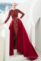 Long Sleeves Mermaid Detachable Train Prom Dresses with Train Sequined