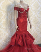 Red Mermaid Appliques Prom Dress Off Shoulder