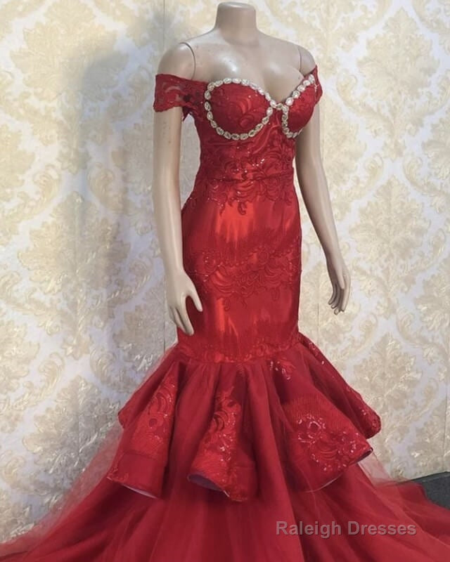 Red Mermaid Appliques Prom Dress Off Shoulder