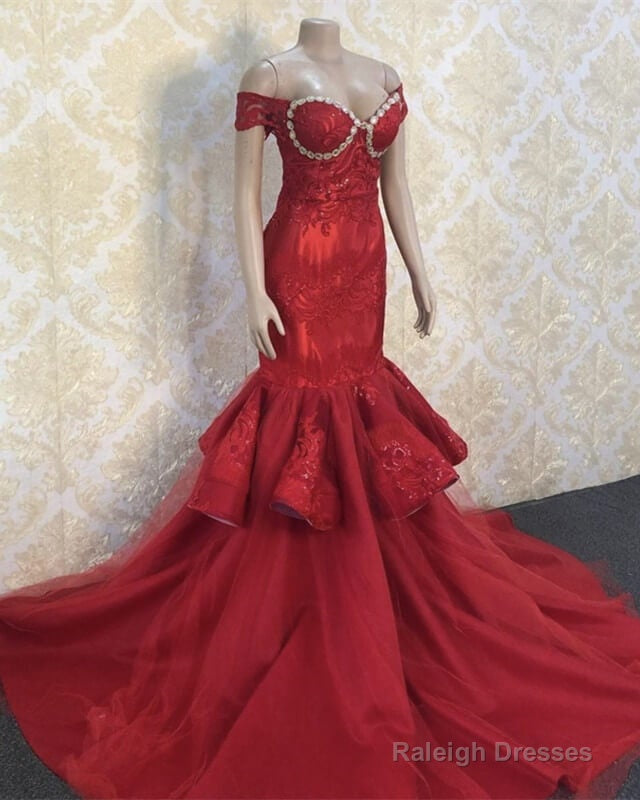 Red Mermaid Appliques Prom Dress Off Shoulder Main image