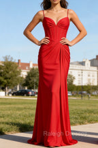 Red Mermaid Corset Spaghetti Straps Ruched Satin Long Prom Dress