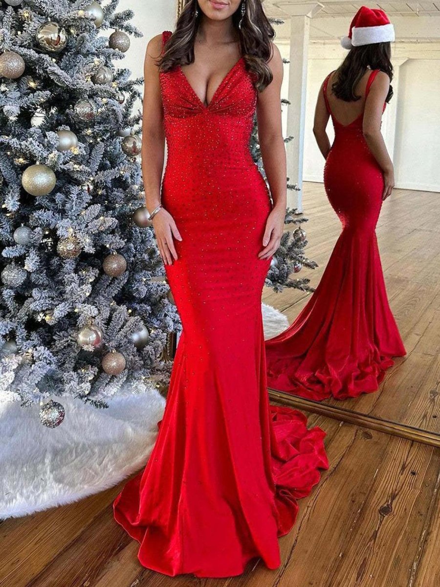 Red Mermaid Deep V-Neck Beaded Satin Long Prom Dress Main image