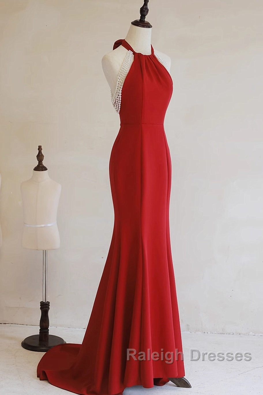 Red Mermaid Halter Long Prom Dresses Red Backless Prom Dresseses