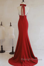 Red Mermaid Halter Long Evening Dress, Red Backless Formal Dress Prom Dress