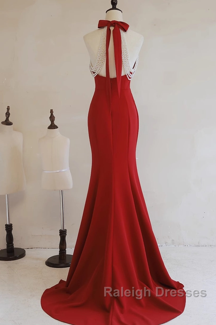 Red Mermaid Halter Long Evening Dress, Red Backless Formal Dress Prom Dress