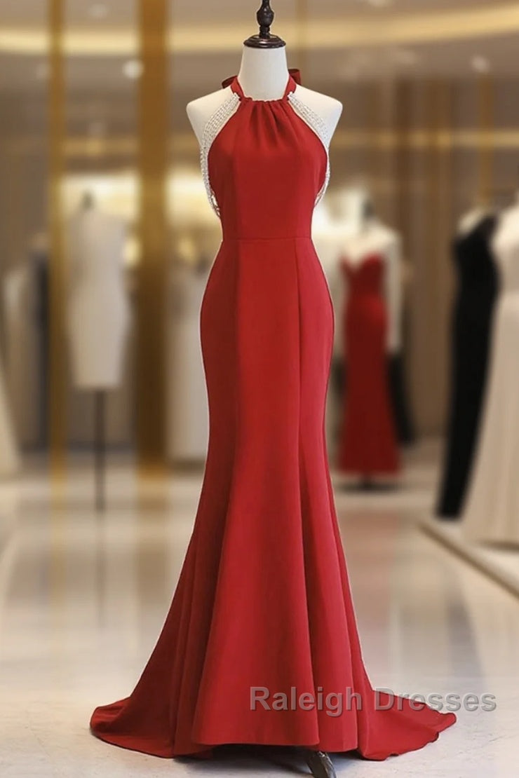 Red Mermaid Halter Long Prom Dresses Red Backless Prom Dresseses