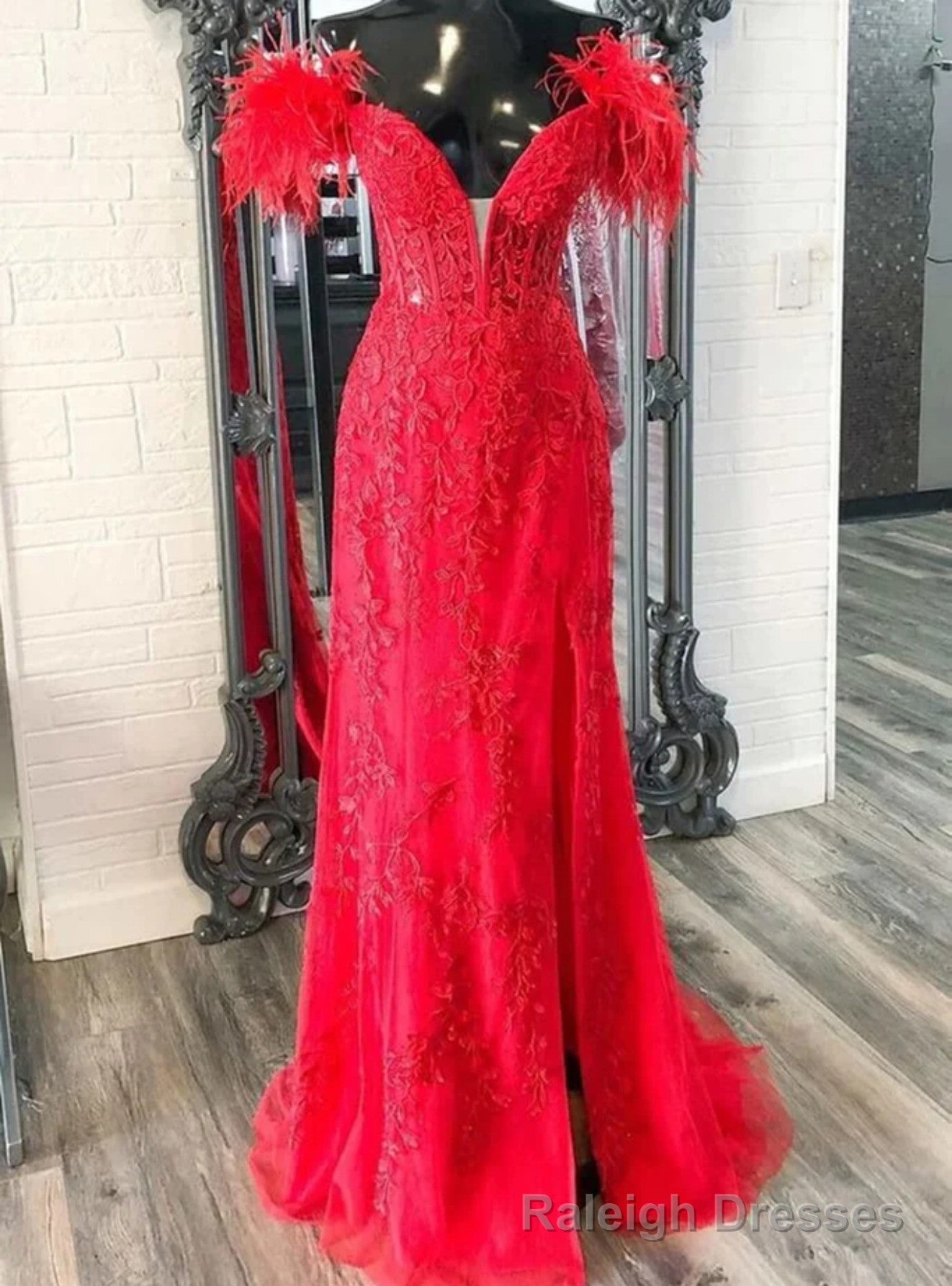 Red Mermaid Off the Shoulder Appliques Feather Prom Dress Main image
