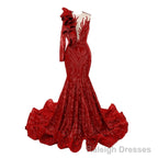 Red Mermaid One Sleeve Prom Dresses Sequined Lace Jewel Ruffles Prom Prom Dress with Appliques