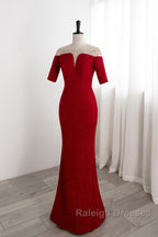 Red Mermaid Round Neckline Short Sleeves Party Dress, Red Evening Gown