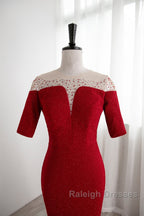 Red Mermaid Round Neckline Short Sleeves Prom Dresses Red Prom Gown