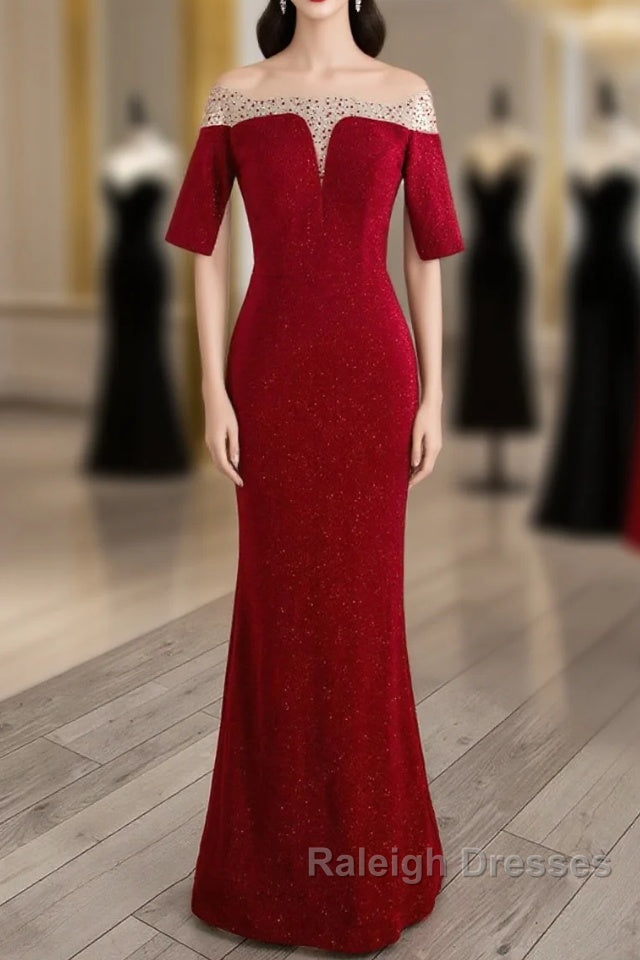 Red Mermaid Round Neckline Short Sleeves Prom Dresses Red Prom Gown Main image