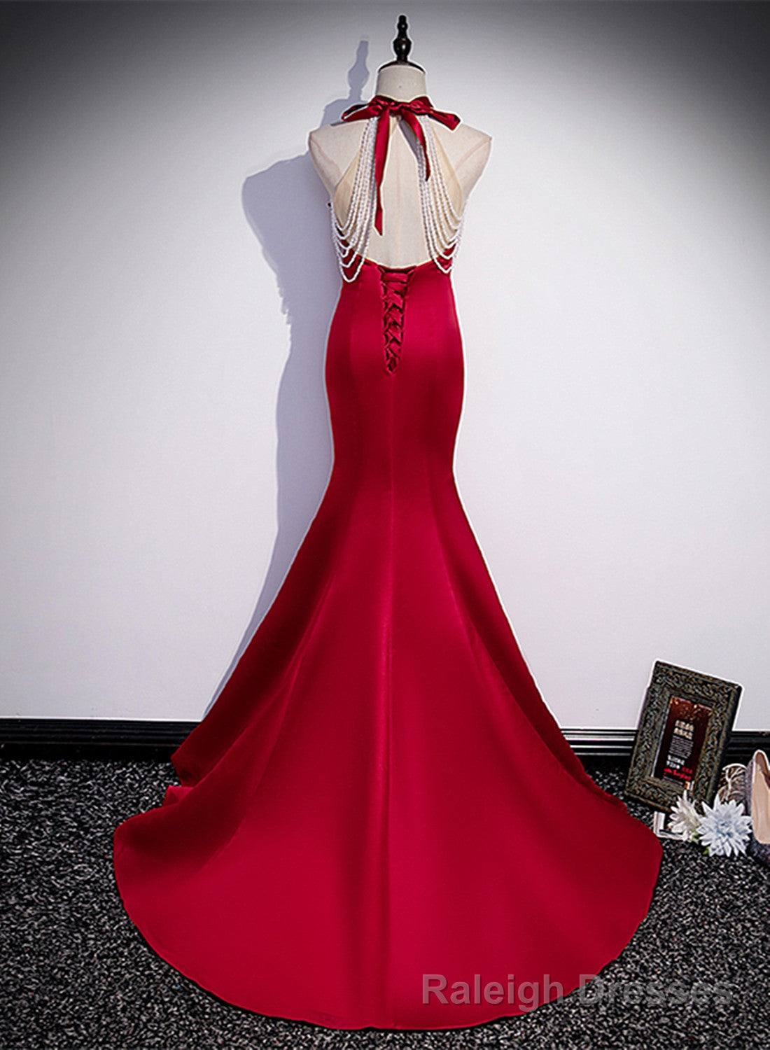 Red Mermaid Satin Long Prom Dress Formal Dress, Lace-up Red Prom Dress