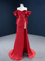 Red Mermaid Satin Off the Shoulder Long Sleeve Beading Prom Dress