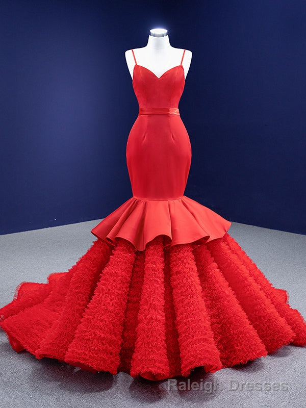Red Mermaid Satin Tulle Spaghetti Straps Prom Dress Main image