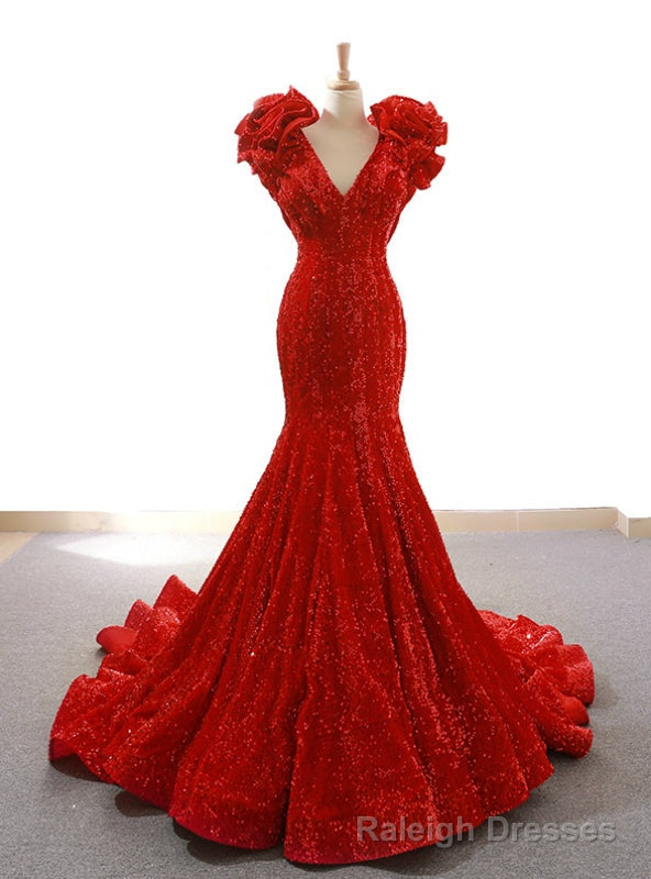 Red Mermaid Sequins Deep V-neck Prom Dress With Train Main image