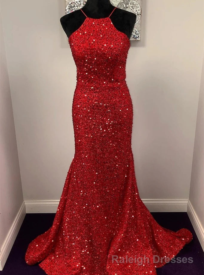 Red Mermaid Sequins Halter Backless Prom Dresses