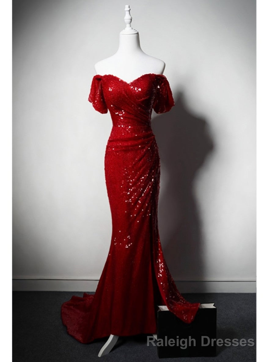 Red Mermaid Sequins Off the Shoulder Pleats Prom Dress Main image