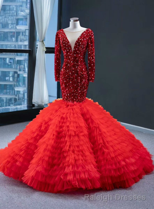Red Mermaid Sequins Tulle Long Sleeve V Neck Prom Dress