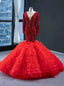 Red Mermaid Sequins Tulle Long Sleeve V Neck Prom Dress