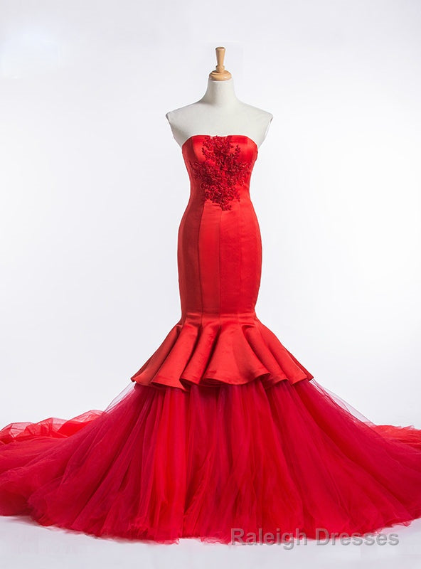 Red Mermaid Strapless Tulle Satin Train Wedding Dress Main image
