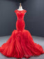 Red Mermaid Tulle Cap Sleeve Beading Sequins Backless Prom Dress