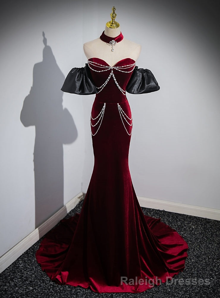 Red Mermaid Velvet Sweetheart Beading Prom Dress Main image