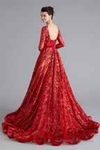 A-Line Luxury Sequins Long Sleeve Backless Prom Dresses
