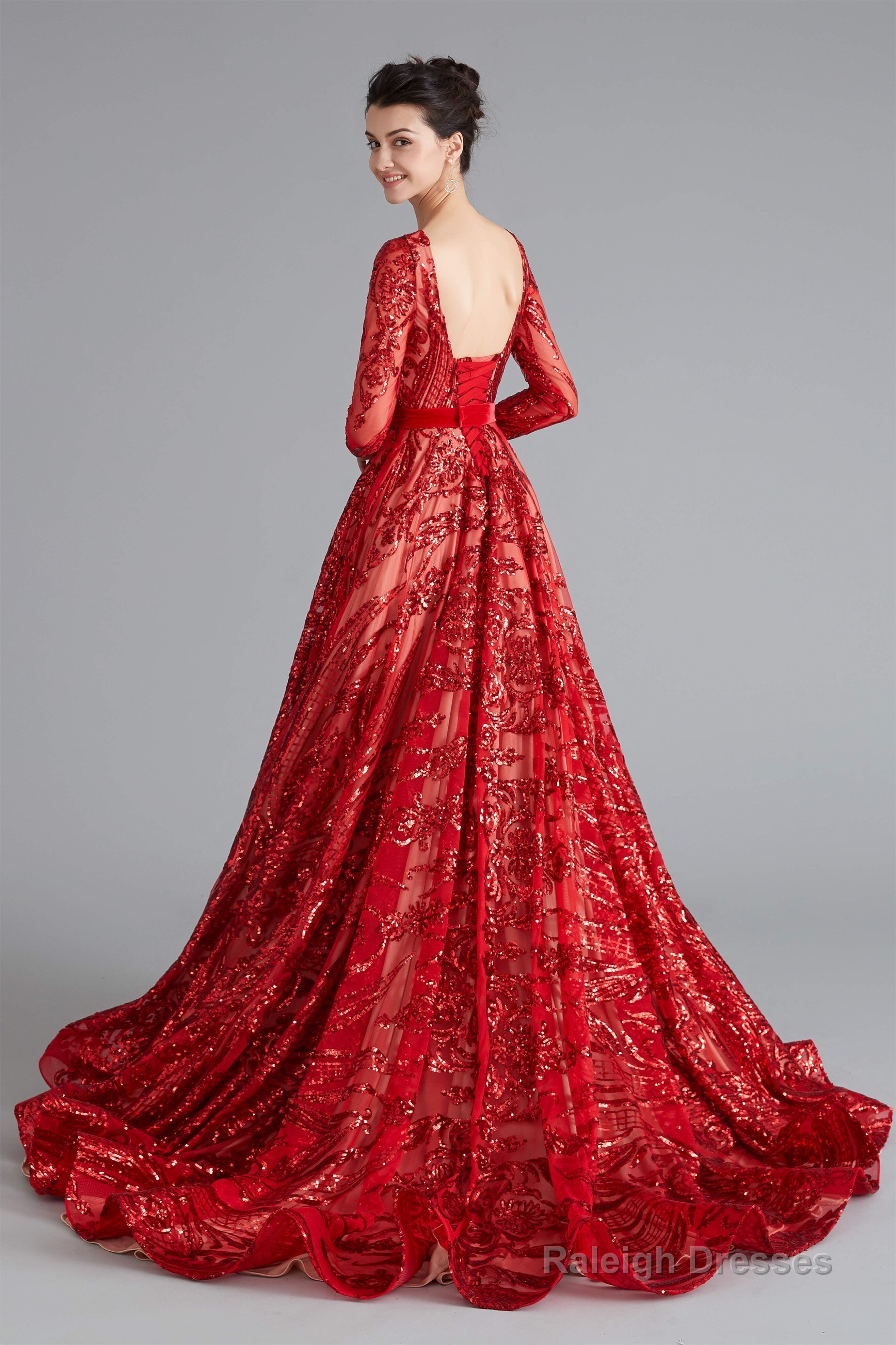 A-Line Luxury Sequins Long Sleeve Backless Prom Dresses