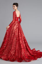 A-Line Luxury Sequins Long Sleeve Backless Prom Dresses
