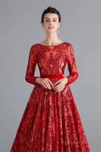 A-Line Luxury Sequins Long Sleeve Backless Prom Dresses