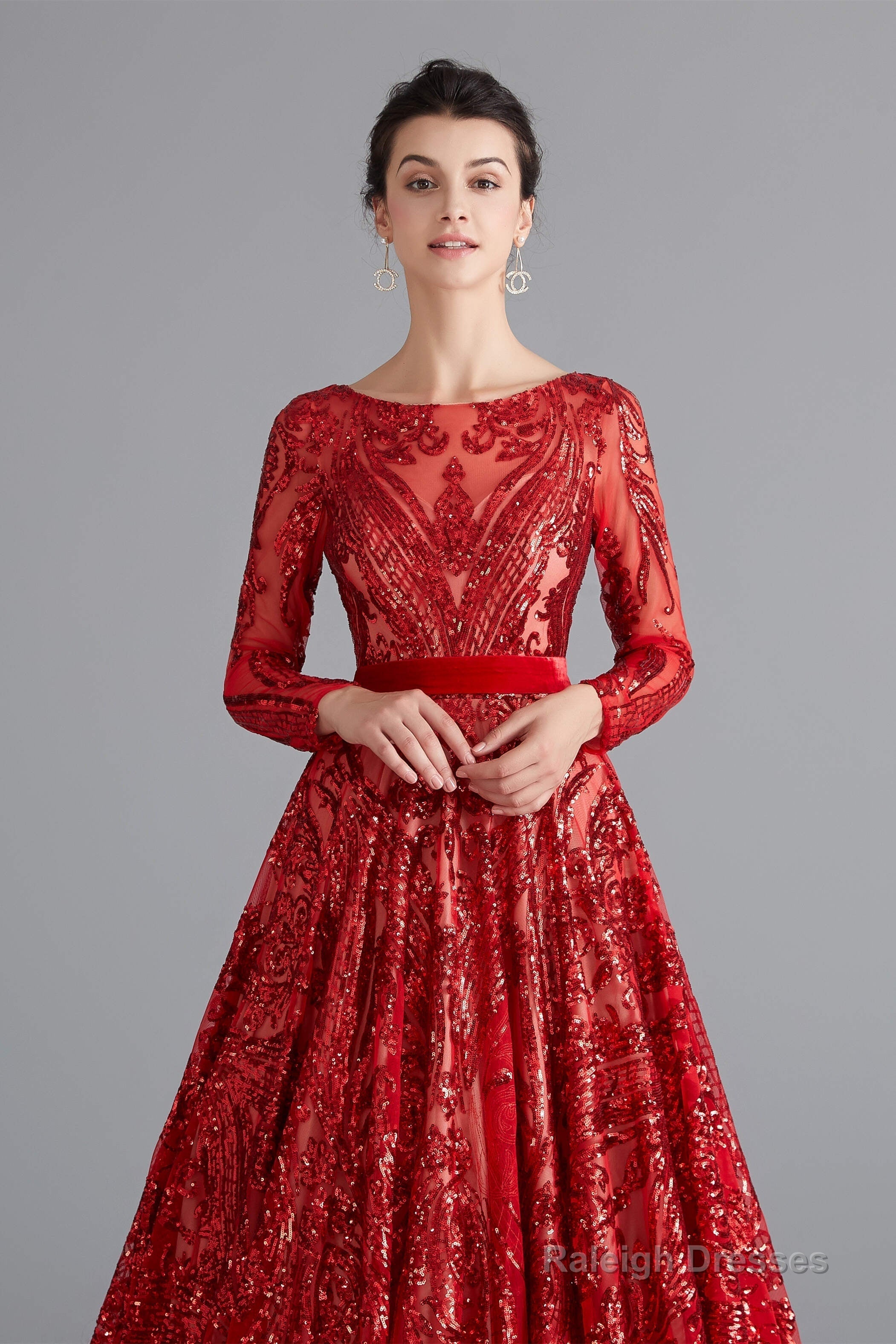 A-Line Luxury Sequins Long Sleeve Backless Prom Dresses