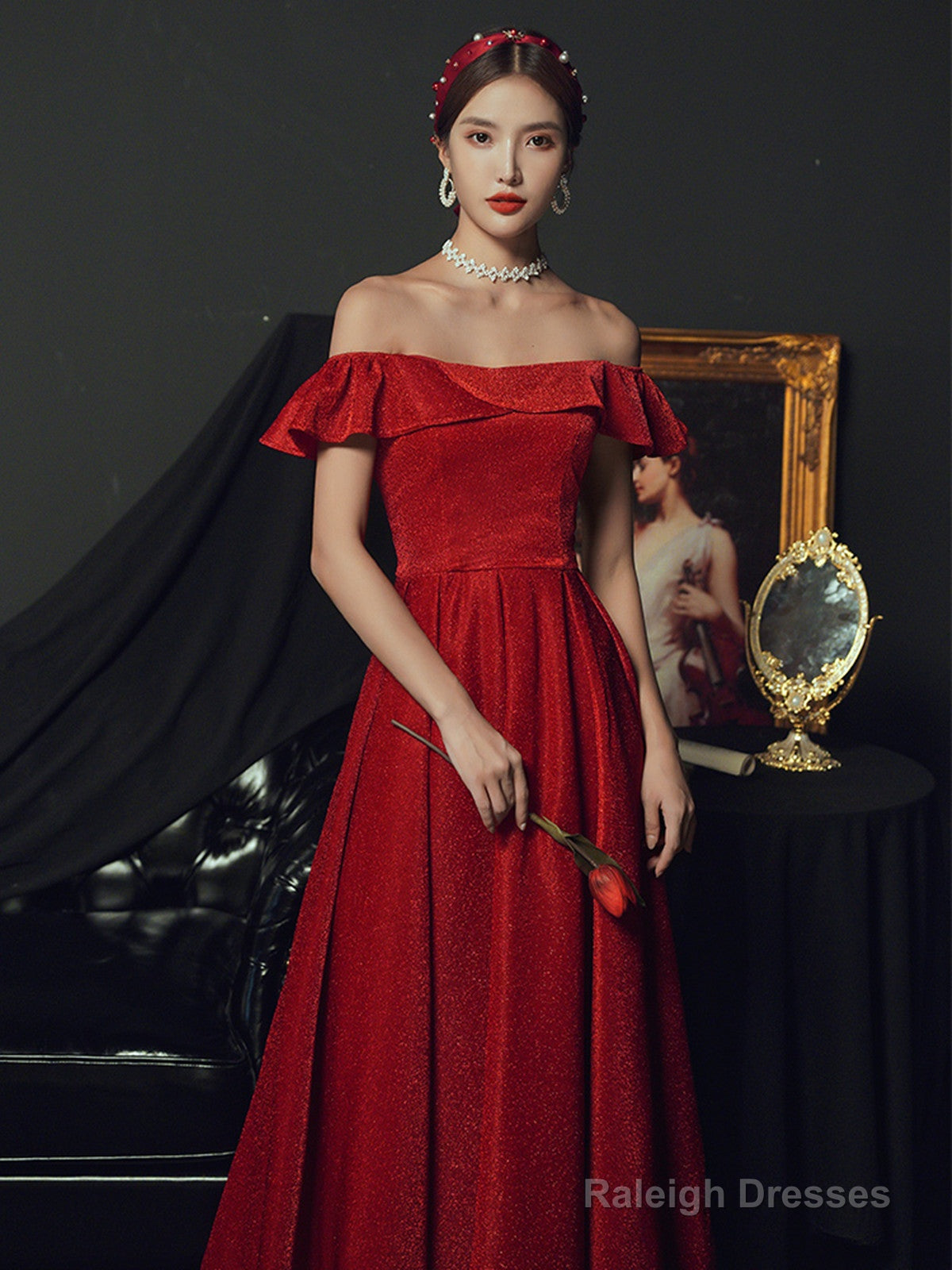 Red Off Shoulder A-Line Long Party Dress Formal Dress, Red Long Prom Dress Secondary image