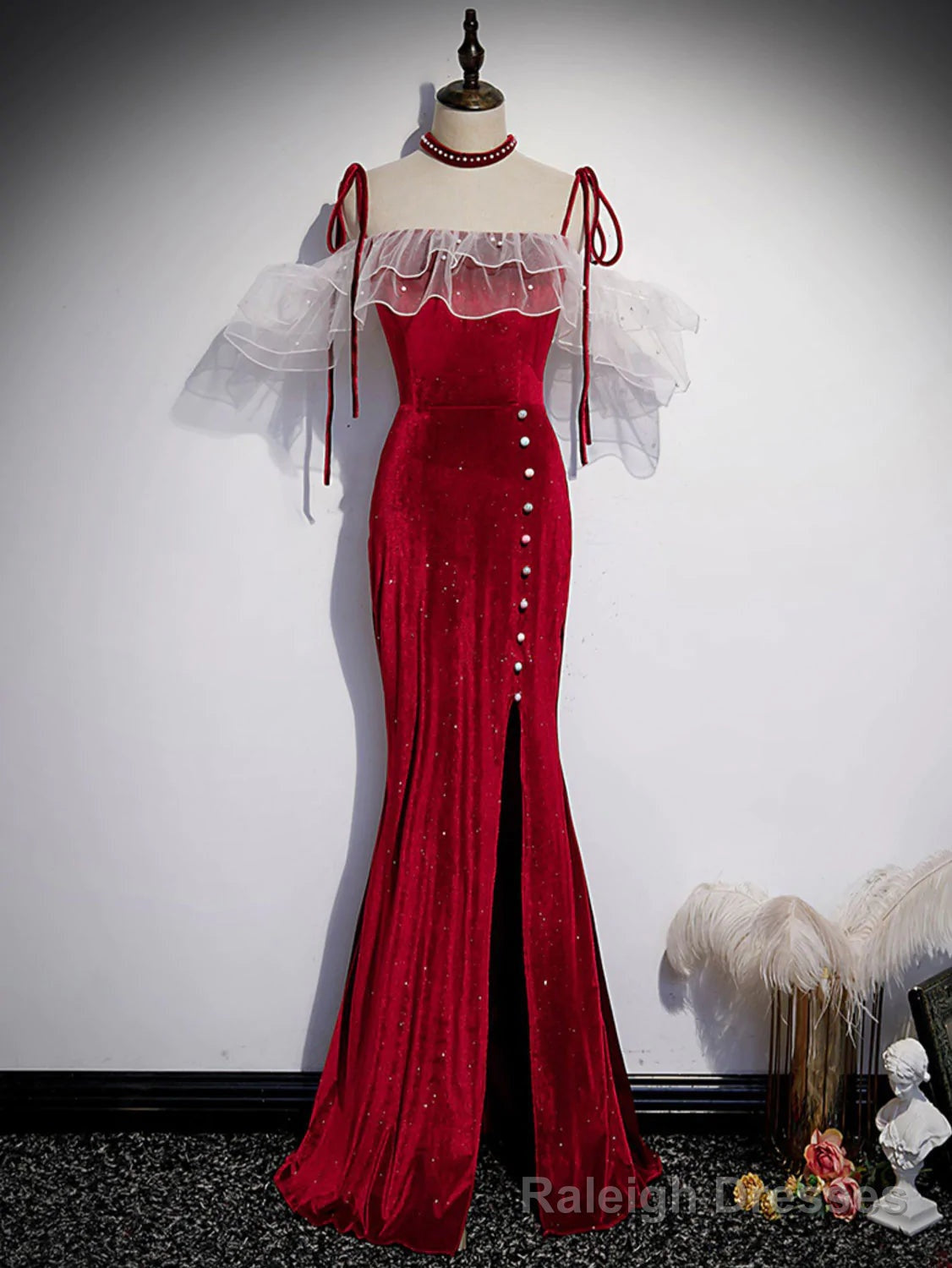 Red Off Shoulder Mermaid Long Straps Prom Dress, Red Prom Dress Secondary image