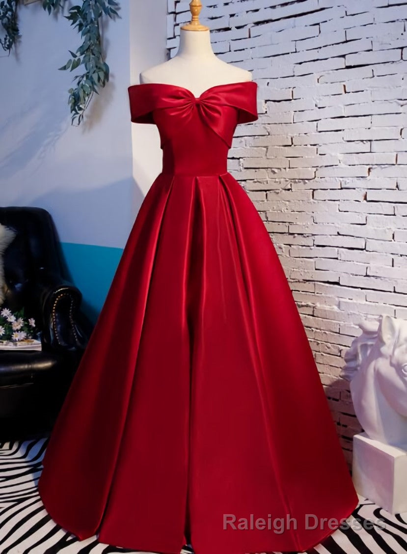 Red Off Shoulder Satin A Line Sweetheart Long Prom Dress, Red Long Prom Dress Formal Dress