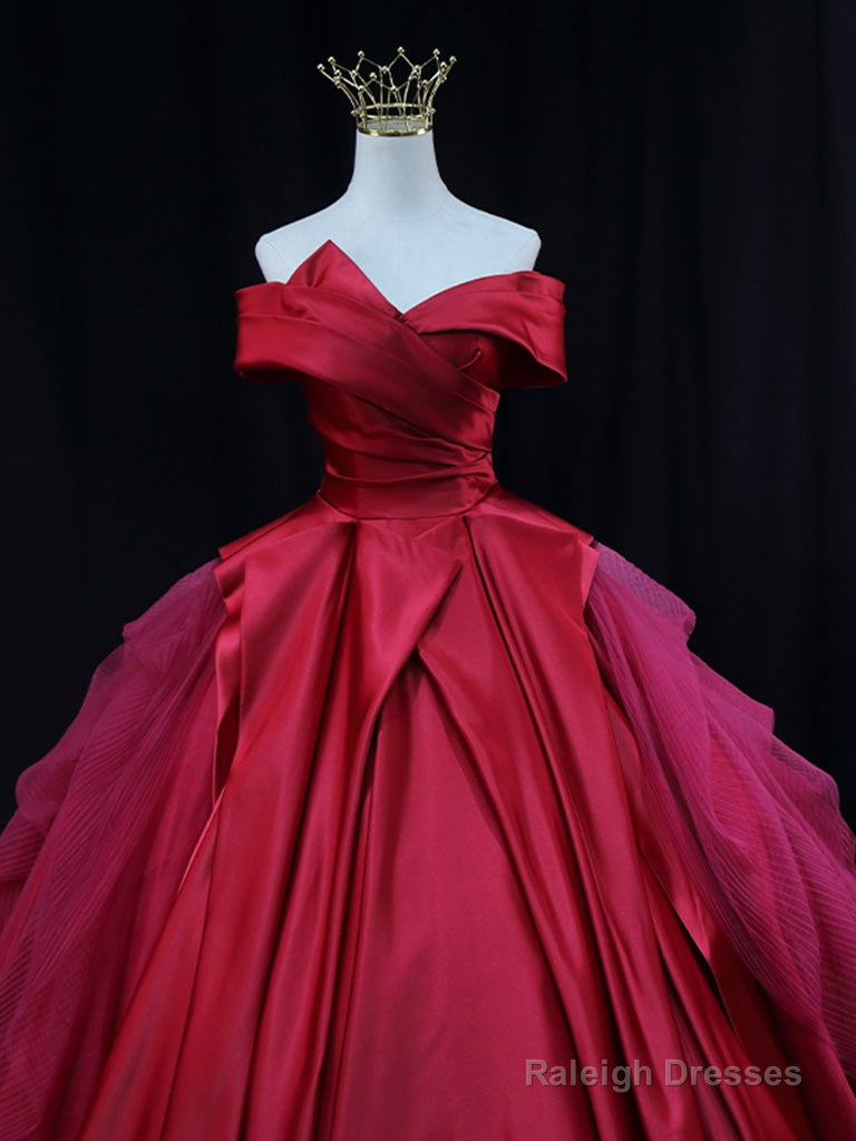 Red Off Shoulder Satin Tulle Long Prom Gown, Red Long Evening Gown Secondary image