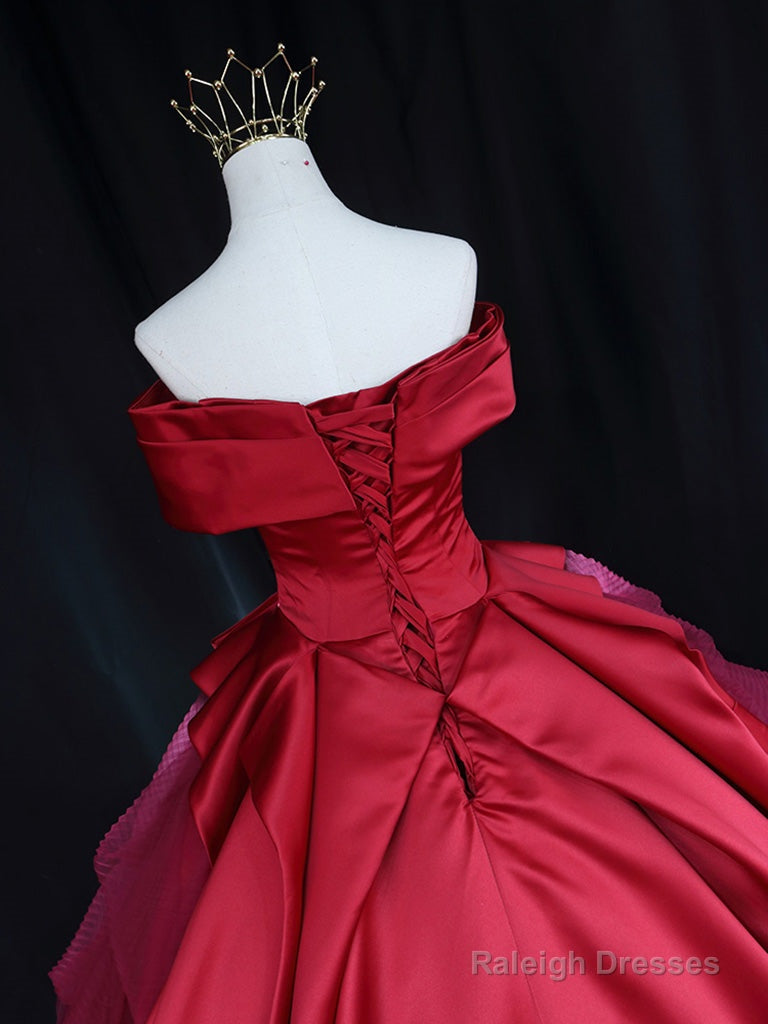 Red Off Shoulder Satin Tulle Long Prom Gown, Red Long Evening Gown