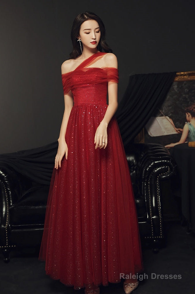 Red Off Shoulder Tulle Long Party Dress, Red A-Line Tulle Formal Dress Prom Dress Secondary image