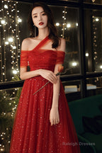 Red Off Shoulder Tulle Long Party Dress, Red A-Line Tulle Formal Dress Prom Dress
