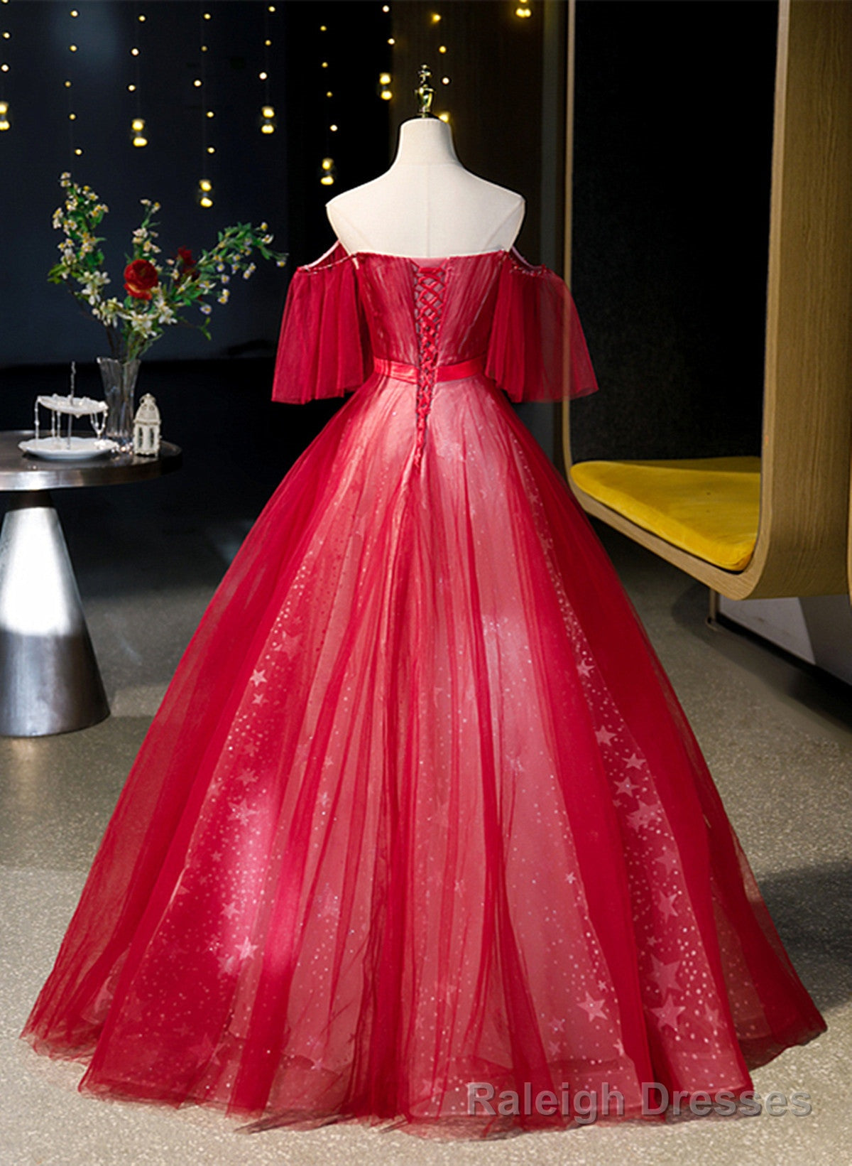 Red Off Shoulder Tulle Sweetheart Party Dress, Red Ball Gown Sweet 16 Dress