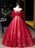 Red Off Shoulder Tulle Sweetheart Party Dress, Red Ball Gown Sweet 16 Dress
