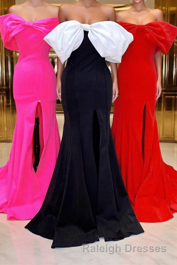 Red Off-the-Shoulder Bow Mermaid Prom Gown with Slit