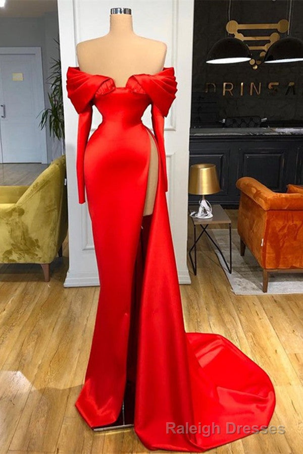 Red Off-the-Shoulder Long Sleeves Prom Dress Mermaid With High Split Main image