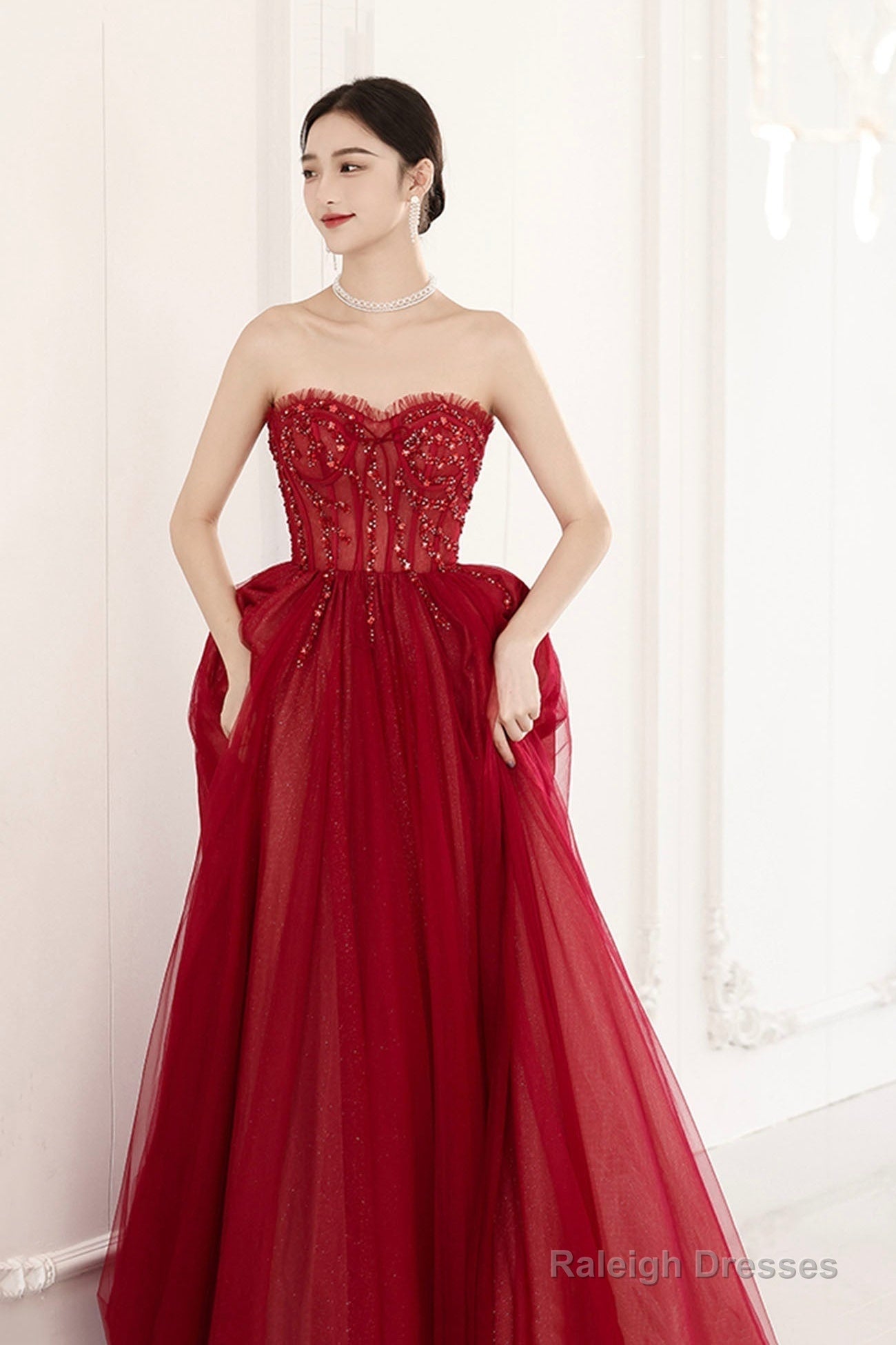 Red Off The Shoulder Tulle Long Formal Evening Dress, A-Line Sequins Party Dress Secondary image