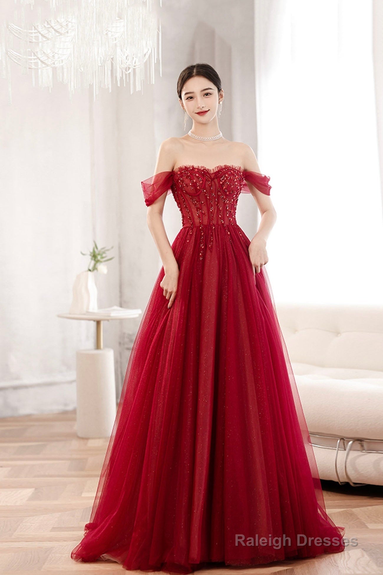 Red Off The Shoulder Tulle Long Formal Evening Dress, A-Line Sequins Party Dress Main image