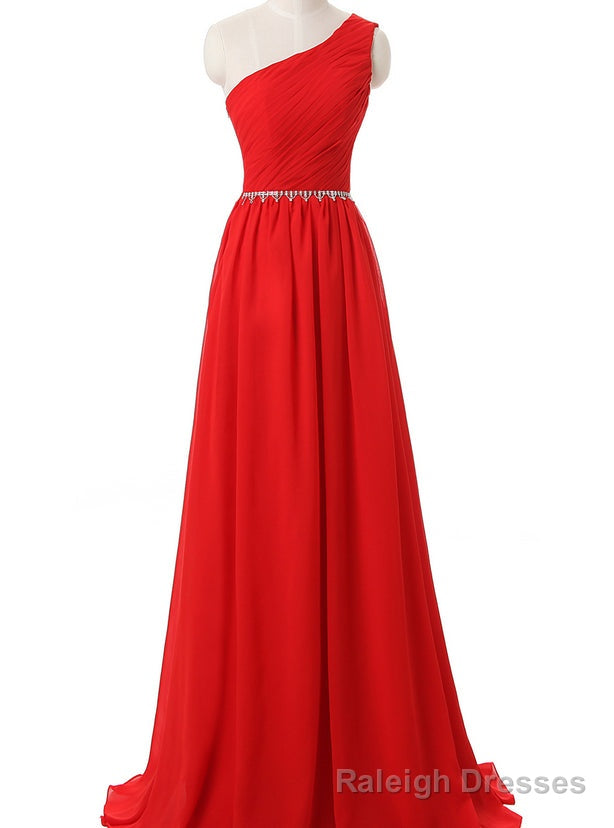 Red One Shoulder Chiffon Pleats Floor Length Prom Dresses Main image