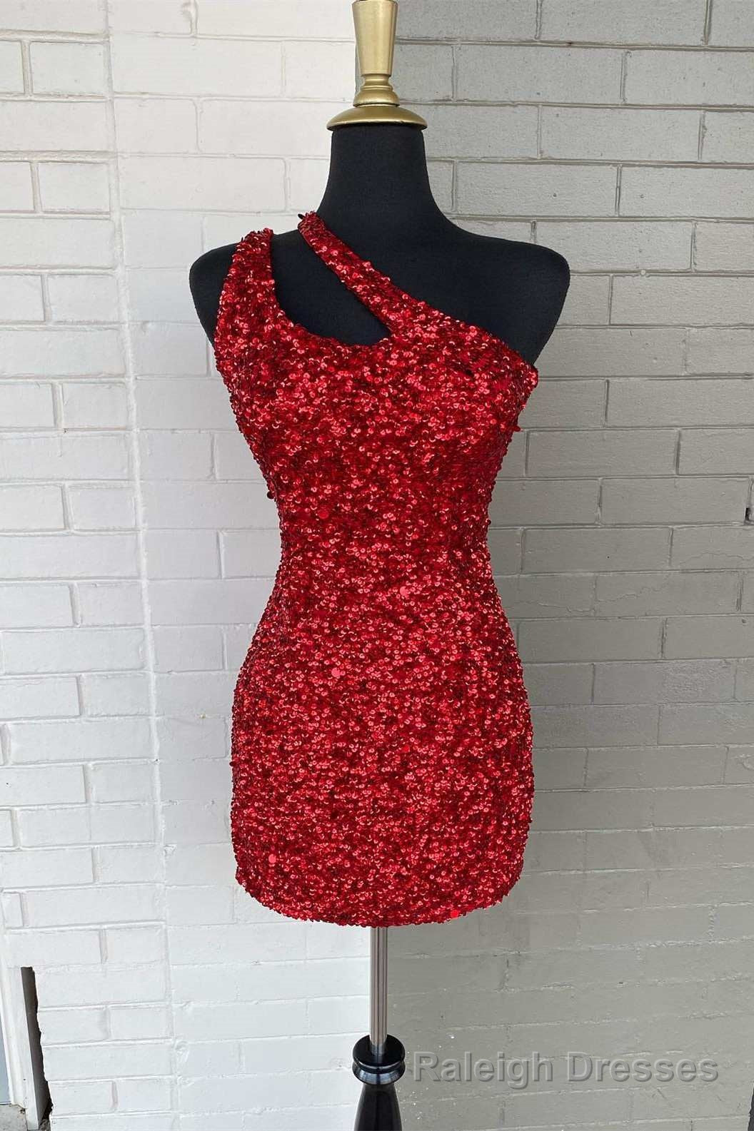Red One Shoulder Cutout Short Homecoming Gown Sequined Cocktail Dress Main image