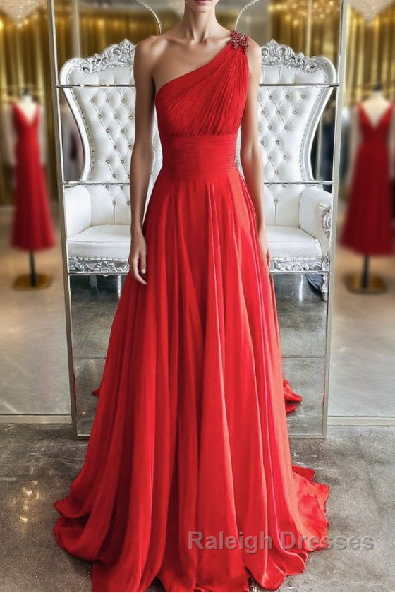 Red one shoulder long prom dress red evening dress Main image